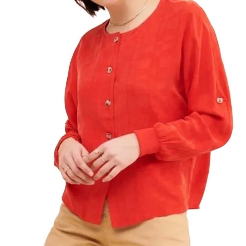 Callahan Red Geometric Lib Puff Roll Tab Sleeve Button Up Cupio Blouse L Silky